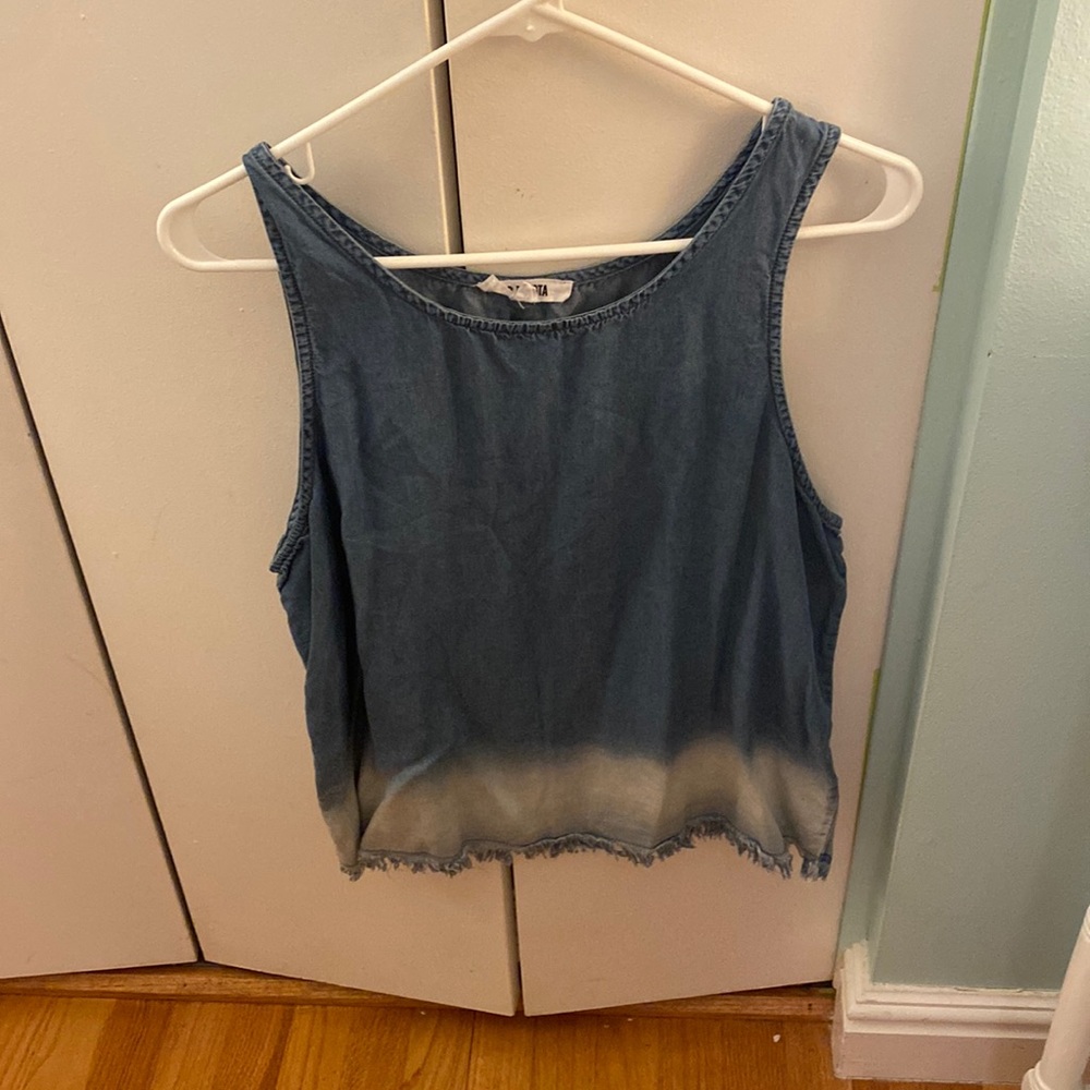 “denim” ombré top with fringed bottom